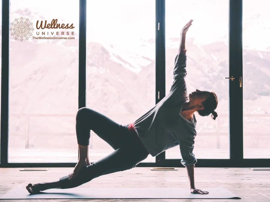 Woman stretching in a brightly lit room